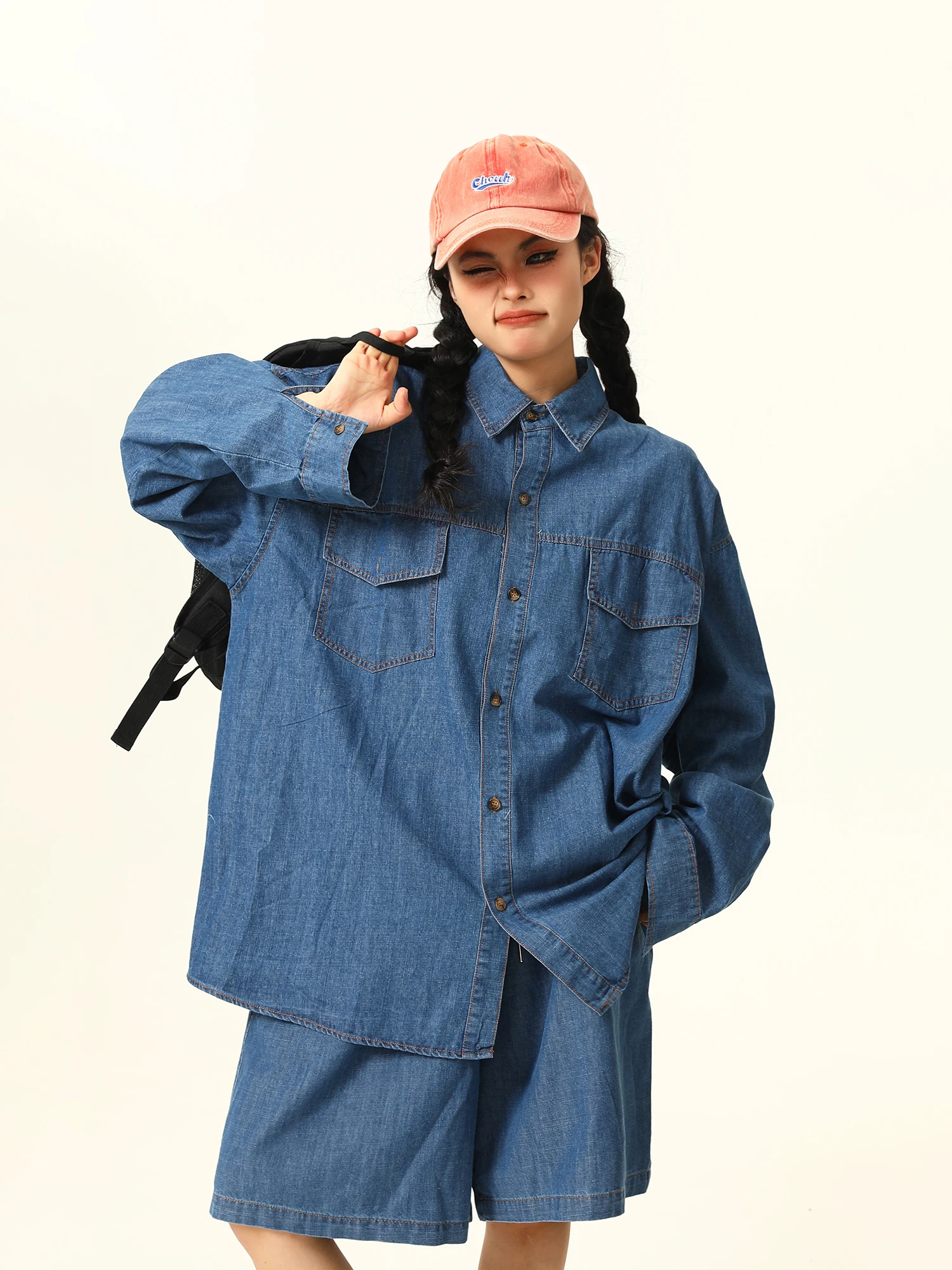 

Джинсовый комплект Wild American Retro, повседневный свободный простой длинный све irt ex весна-лето orts Street Sle Collar irt