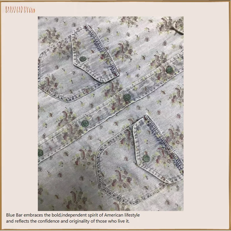 

American Sle Vintage Waed Denim irt Men's Printed Jeans irt Youth Trendy Stand Fit Long Sve arp Collar