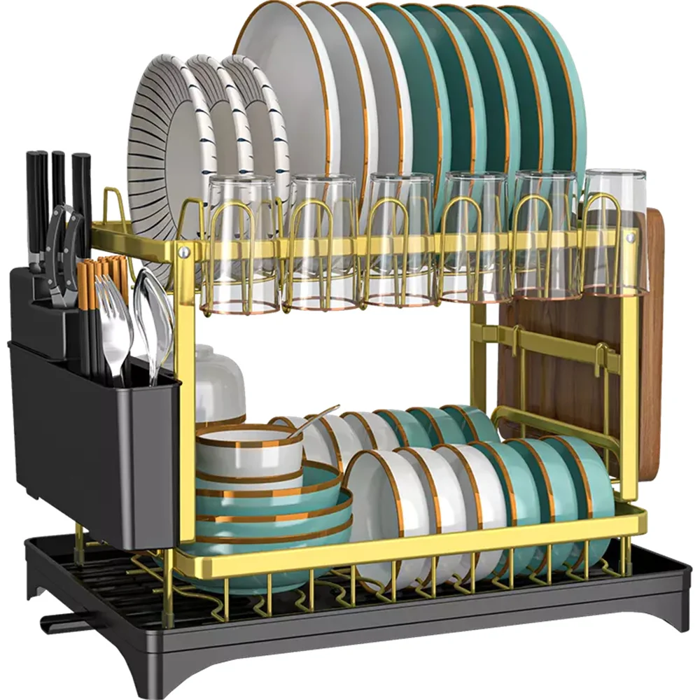 Double Layer Kitchen Dish Rack with Drain Tray