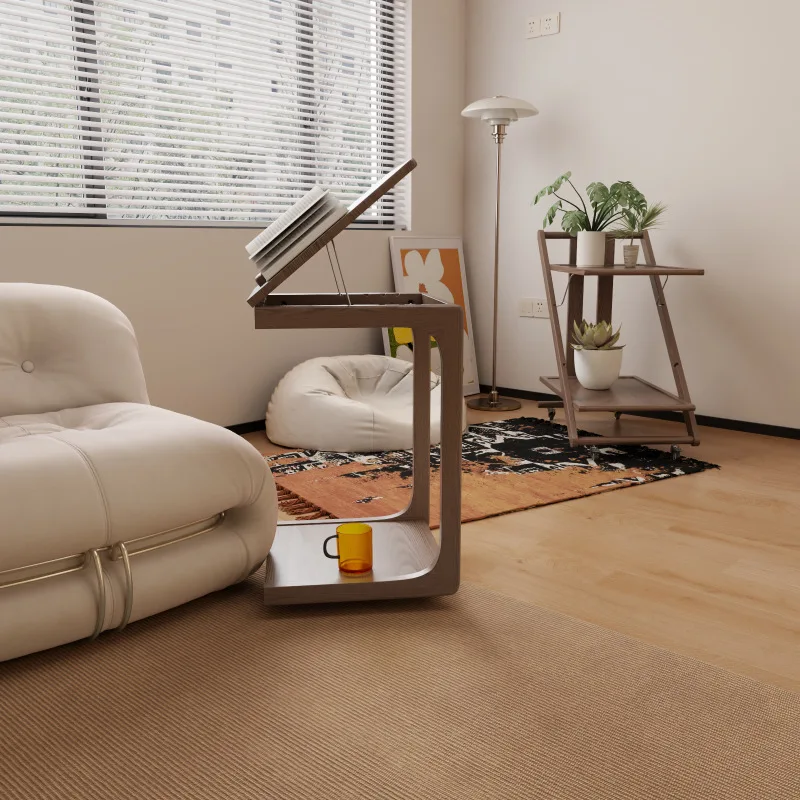 

New solid wood sofa, movable C-shaped corner, flip bedside table, living room with wheels, small tea table, side cabinet