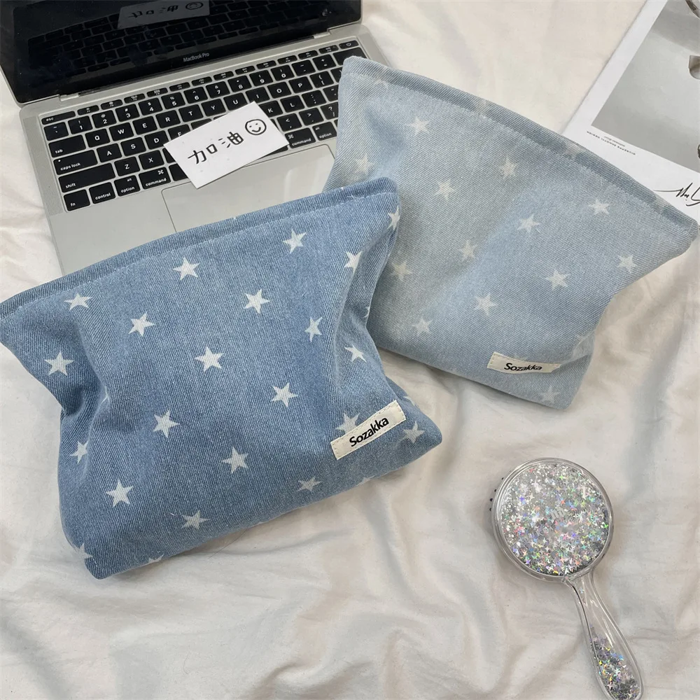 Skin Care Organizer Playful Large Capacity Zipper Bag Denim Makeup Bag Fashionable Star Print Cosmetic Bag For Daily Use For
