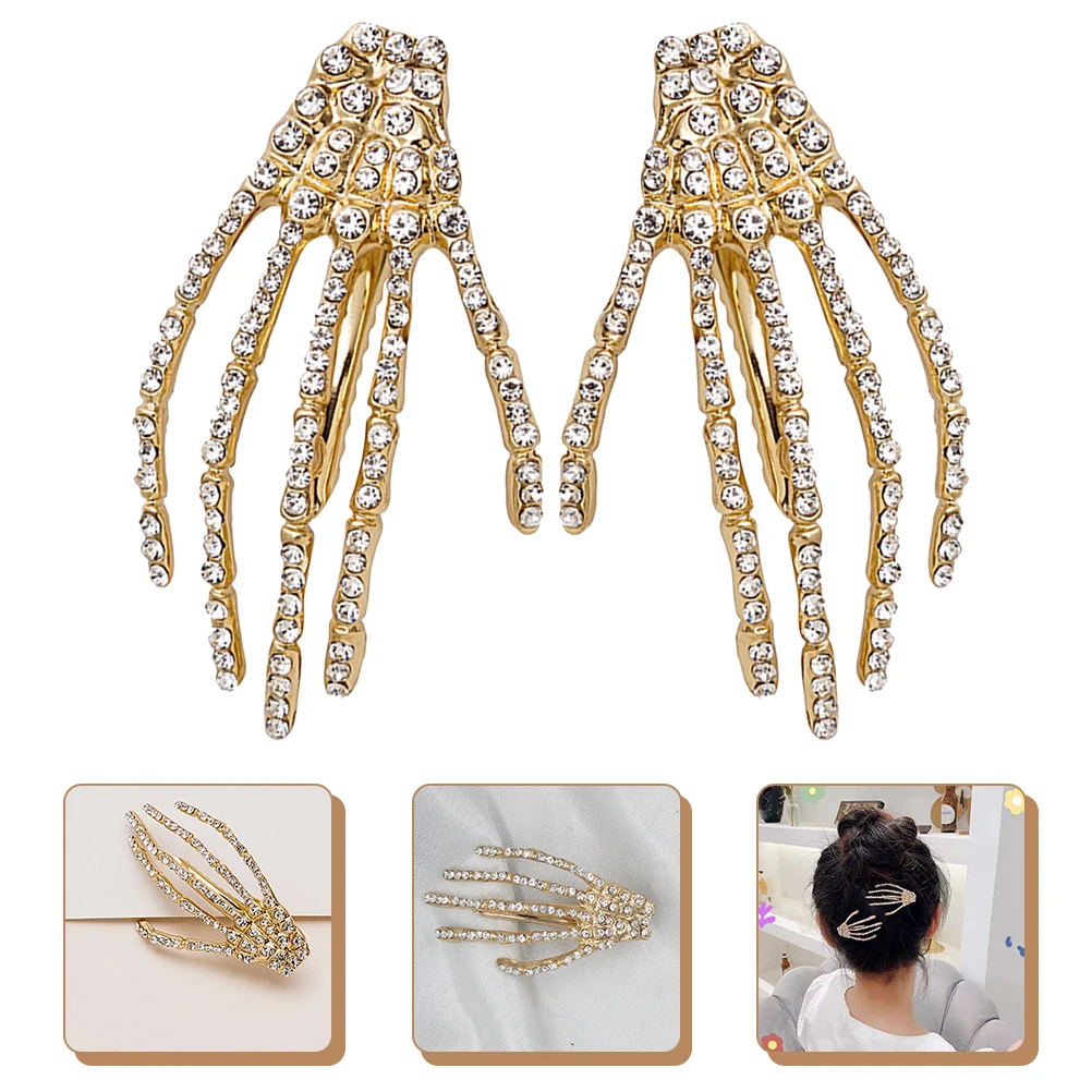 

2Pcs Ghost Skull Hair Clips Rhinestone Zinc Alloy Durable Halloween Hair Accessories Styling Aid for Halloween Women Gold