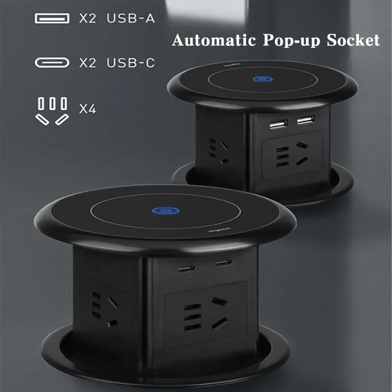 자동 팝업 소켓 범용, US, UK, TL, CN 유압 리프트 리셉터클, IP55 정격 데스크탑 콘센트, USB C 타입 무선 충전 