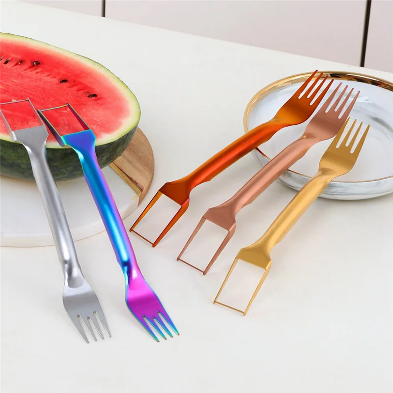 ABKJ-2-In-1 قطاعة فواكه من الفولاذ المقاوم للصدأ، أداة تقطيع البطيخ ذات الرأس المزدوج، شوكة تقطيع محمولة #5