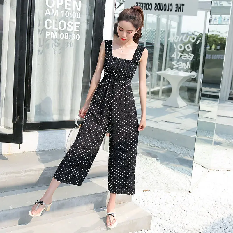 여성 점프 슈트 2022 민소매 스퀘어 넥 플로랄 프린트 와이드 레그 롱 팬츠 Rompers Ladies Spaghetti Strap Plus Size Trousers