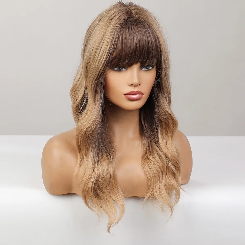 ALAN EATON Blonde Brown Highlight Synthetic Wigs for Women Medium Length Wavy Wig Natural Ombre Wig with Bangs Heat Resistant