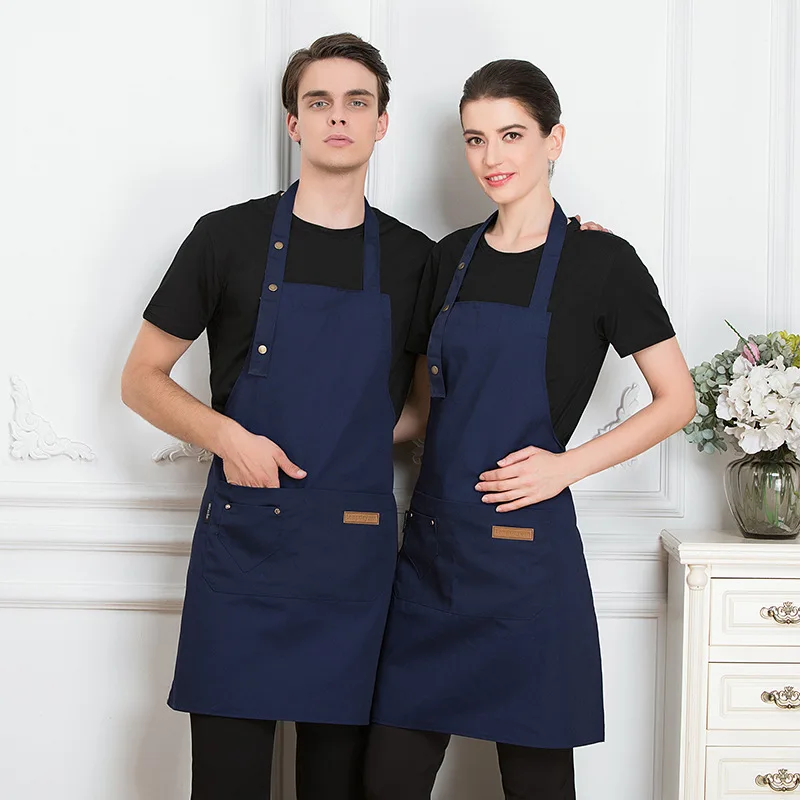 Custom Embroidery Printing Brand Logo Black Unisex Waiter Cooking Restaurant Pocket  Adjustable Hanging Neck Men Apron for Woman