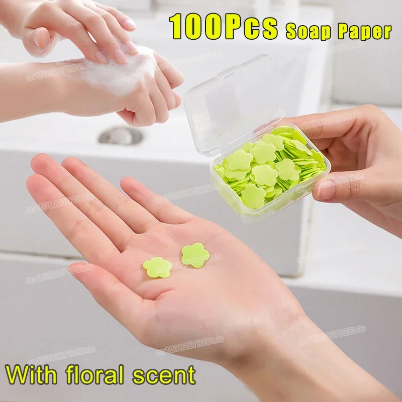 100 unids/caja Mini pétalo jabón papel flor perfumado jabón portátil rebanada desechable lavado de manos tabletas de jabón para viaje Baño