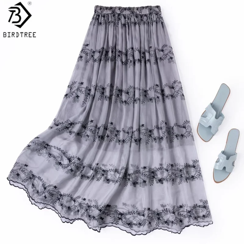 

Юбка Birdtree из 100% натурального шелка, серая, женская, трехслойная, элегантная, с вышивкой, на резинке, новинка весны 2026, D63128JF