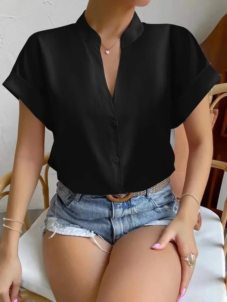 

Casual V Neck Solid Shirt Blouse Office Lady Spring Summer Fashion Elegant Short Sleeve Slim Shirts For Women 2023 White Tops