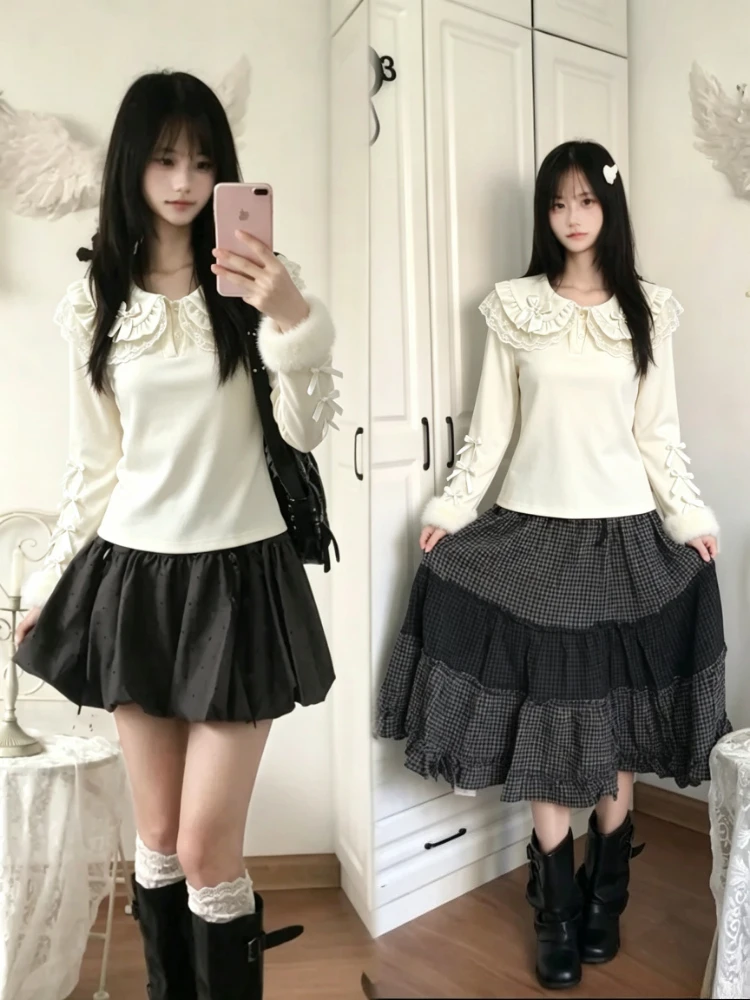 Sweet Kawaii Y2K Long Sleeve Blouse Women Harajuku Slim Fit Solid Elegant Inner Tops Daily Casual Chic Fashion Ladies Shirts