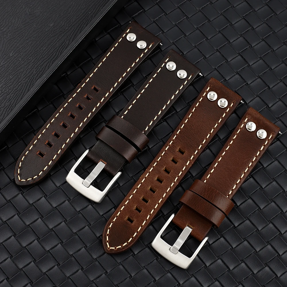 

20mm 22mm Vintage Leather Rivets Watch Band Strap Coffee Brown Watchband Stainless Steel Buckle Wrist Belt Bracelet for Men