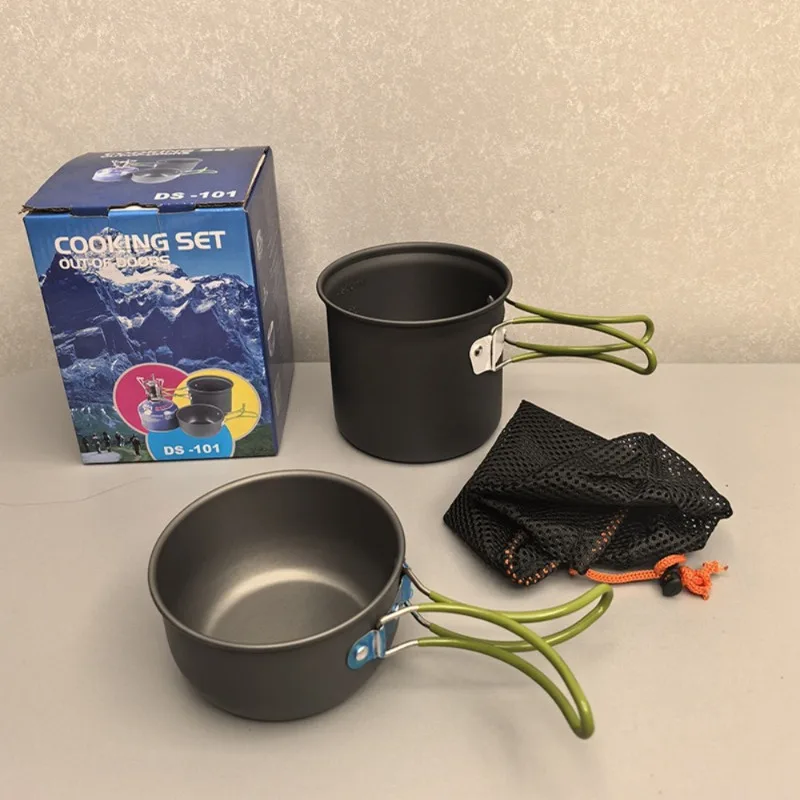 

Anodized Aluminum Cookware Set Compact Camping Gear Green Handle, Orange Handle Outdoor Cookware Mesh Carry Bag