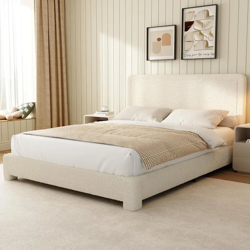 

Size Boucle Bed Frame, Modern Cream Bed Frame with Headboard, Soft Rounded Corners, No Box Spring Required, Adjustable