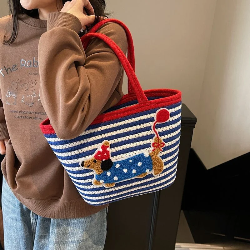

2025 New Stripe Cotton Rope Woven Cute Cartoon Sausage Dog Handbag Handheld Woven Basket Versatile Minimalist Style Tote Bag