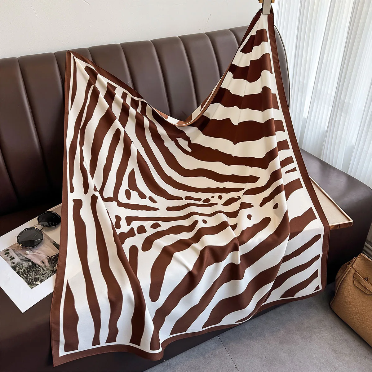 90*90cm Twill Silk Scarf Women Square Bandana Shawls Soft Foulard Femme Hijab Luxury Bufandas Neckerchief Brown Hair Accessories image 3