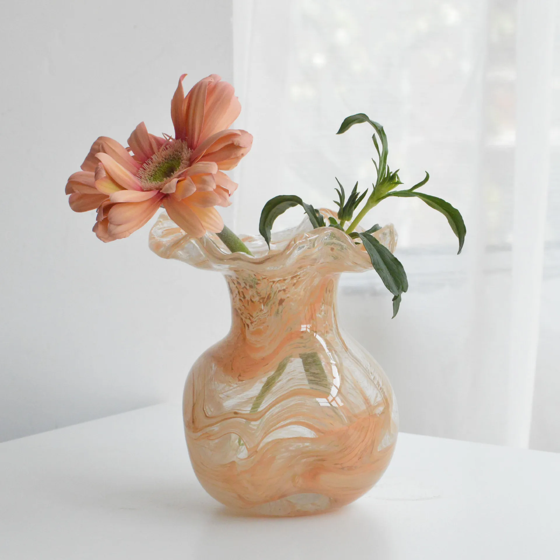 wavy concave and convex colored cloud and mist glazed glass vase, handmade fresh flower arrangement water decoration