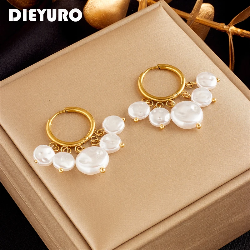 DIEYURO 316L Stainless Steel Pearls Earrings For Women New Fashion Girls Ear Buckle Jewelry Party Birthday Gifts Accessories