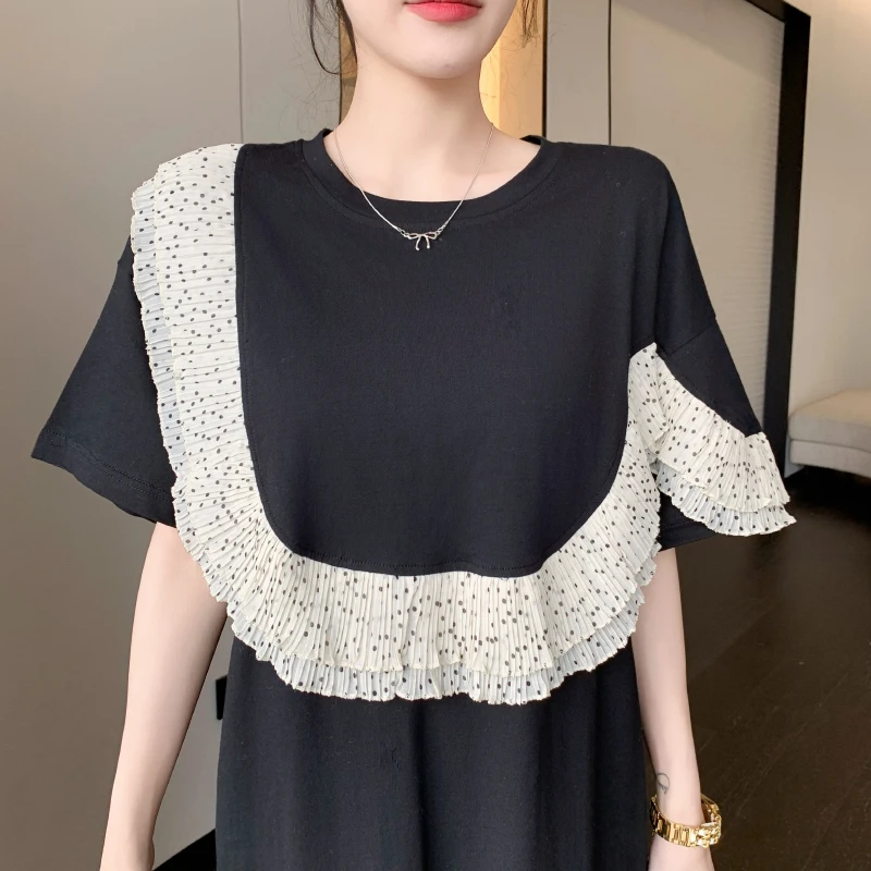 2025年夏新作 レディースワンピース ブラック パッチワーク Tシャツワンピース ゆったり 大きいサイズ フリル 女性用ローブ カジュアル レディースドレス KE60021