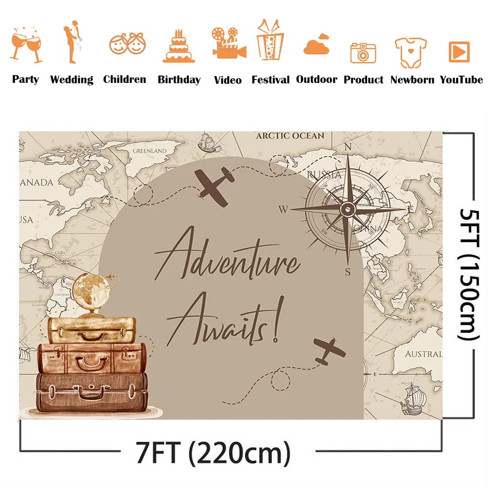 Adventure Awaits Backdrop Kids Baby Shower Birthday Background Boy Travel Photography Decor World Map Treasure Photo Studio Prop