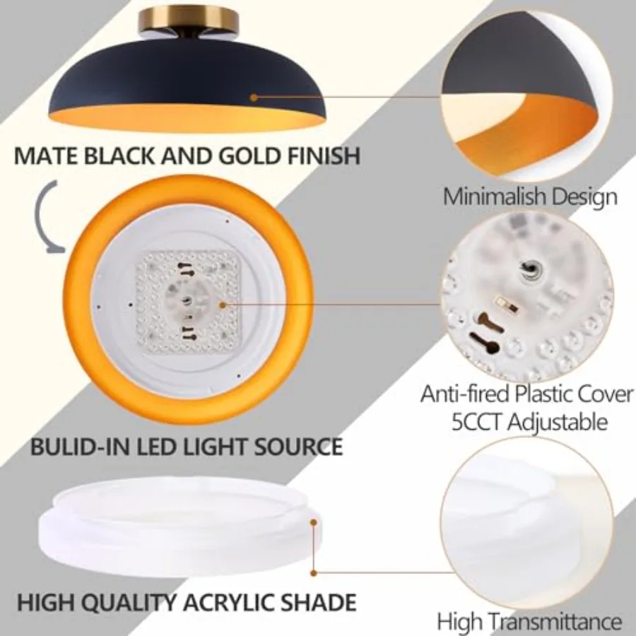 Flush Mount Ceiling Light, 12.5 inch Ceiling Lighting Fixture, Mid Century Light Fixtures Ceiling Mount, 5CCT Dimmable/2700K-60