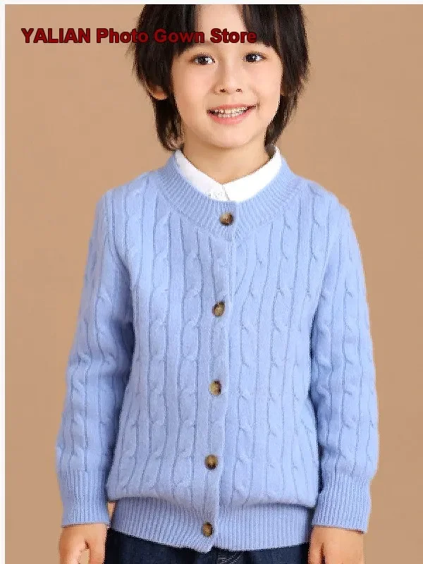 Kids Solid Color Open Cardigan Boys Autumn Thickened Cable Knit Jacket for 2025 Season