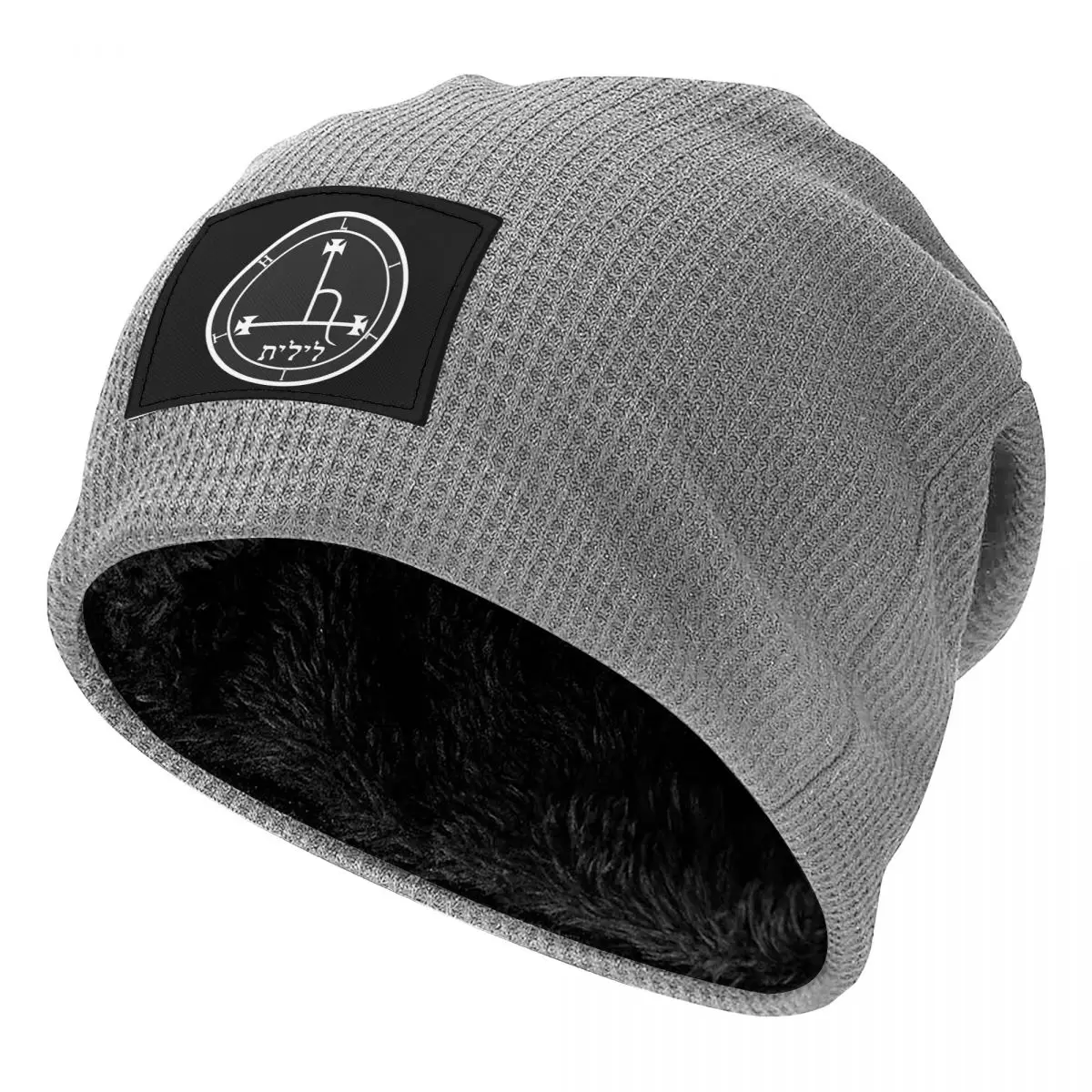 Sigil Of Lilith Altar Cloth Waffle Knit Fleece Lined Beanie with PU Leather Patch Unisex Warm Winter Soft Cap