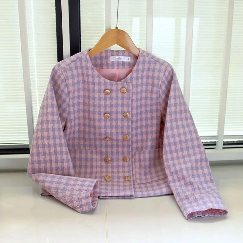 Women Spring Autumn Small Fragrant Style Short Coat New Round Neck Double Breasted Temperament Tweed Jacket Top Female Outerwear