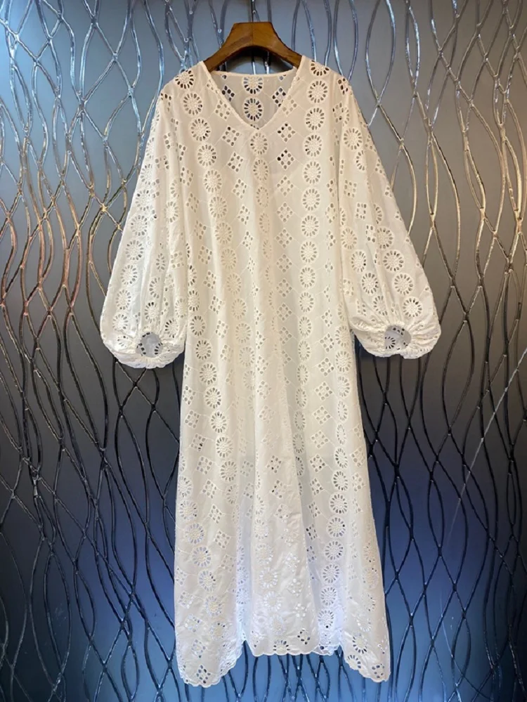 

100%Cotton Long Dress 2023 Spring Summer Clothing Women V-Neck Allover Hollow Out Embroidery Long Sleeve White Maxi Dress Casual