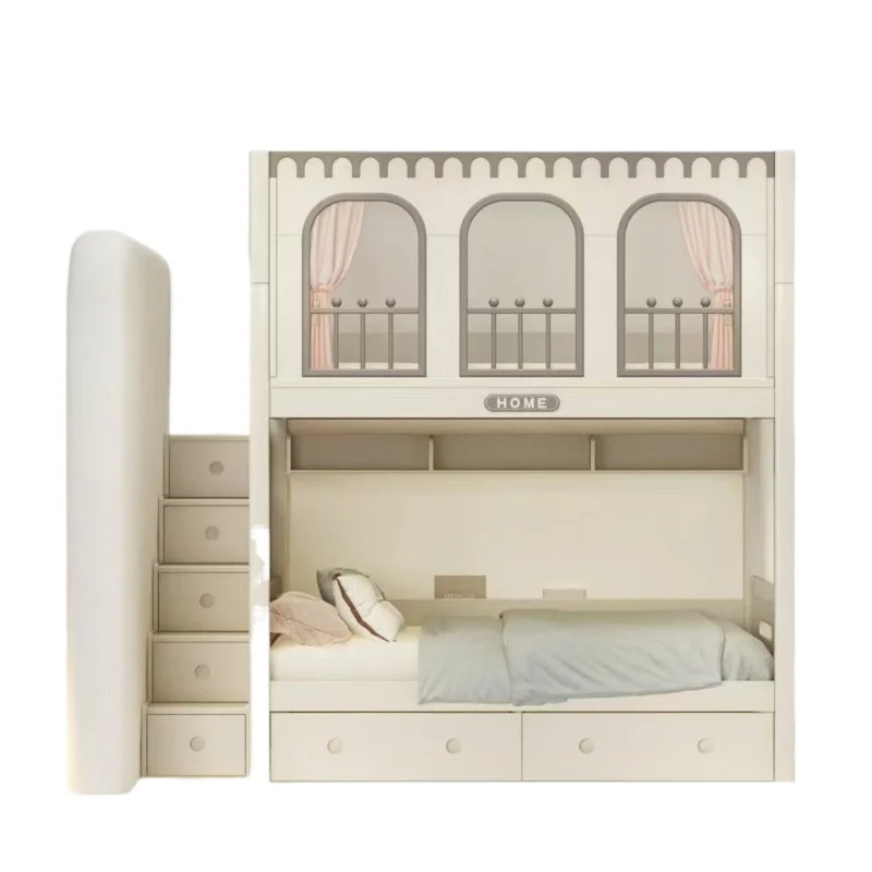 High guardrail tree house bed, upper and lower bunk solid wood double-layer adult high and low child and mother bed