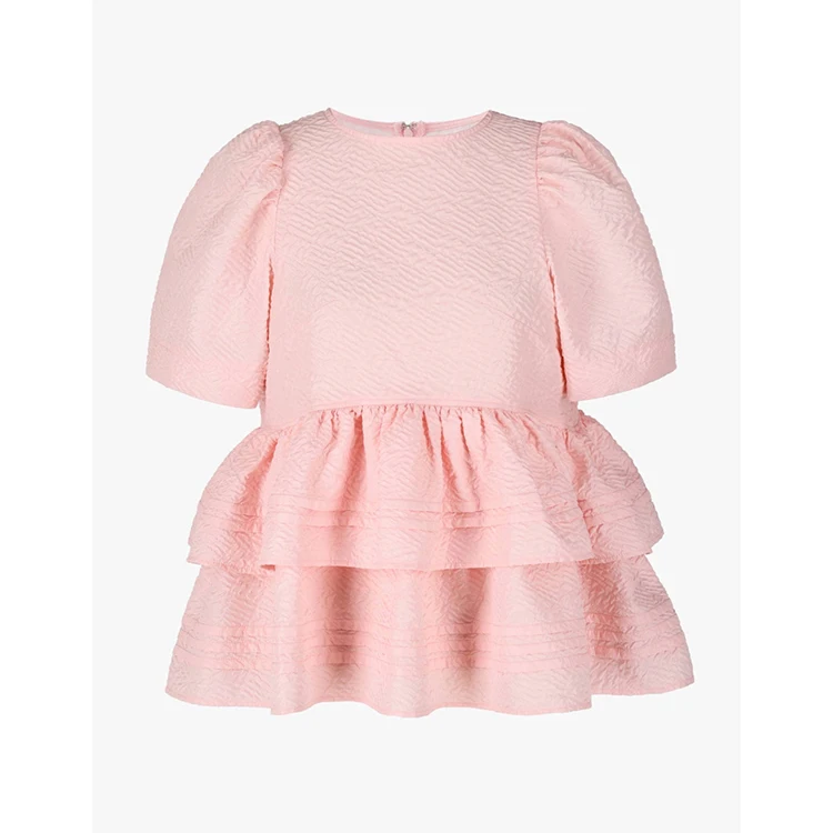 Japanese Style Three-Dimensional Embossed Fabric Cake Hem Pink Blouse Women Sweet Round Neck Short Puff Sleeve Shirt Tops