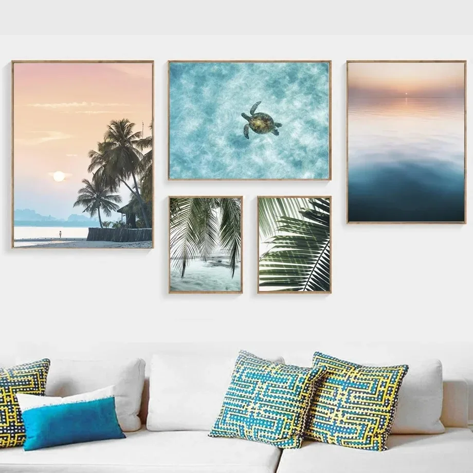 Palm Leaf Turtle Beach Landscape Quotes Nordic Posters and Prints Wall Art Canvas Painting Wall Picture for Living Room Decor