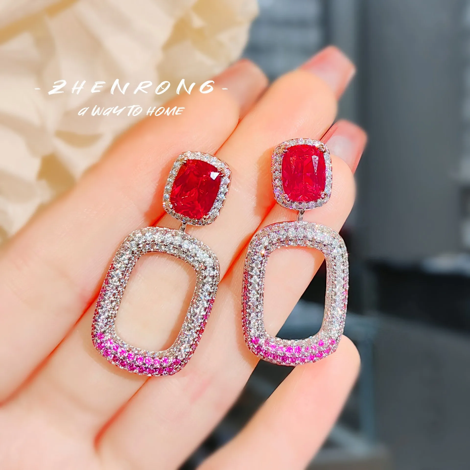 

Luxury Designer Jewelry Micro-inlaid Full Zircon Red Corundum Long Earrings Ear Drop Cocktail Party Banquet Wedding Jewelry