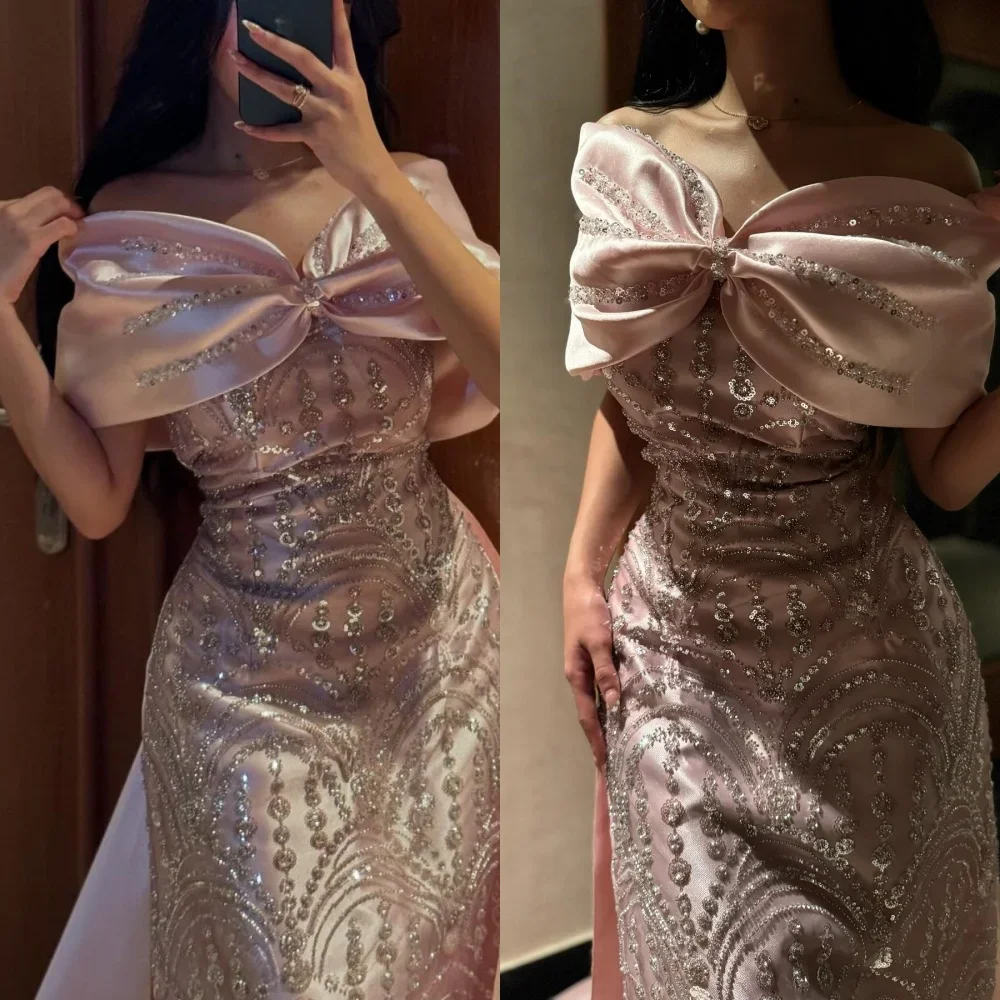 Luxury Evening Dress Modern Style Off Shoulder Bow Design Beaded Mermaid Gown for Weddings Parties Formal Occasions Elegant Wome