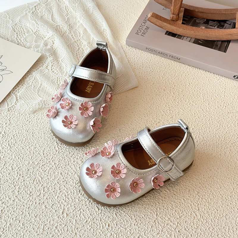Girls Mary Janes Flower Three Colors Light Stylish New Kids Princess Shoes Shallow All-match Daily Chic Children Flat Shoe 21-30