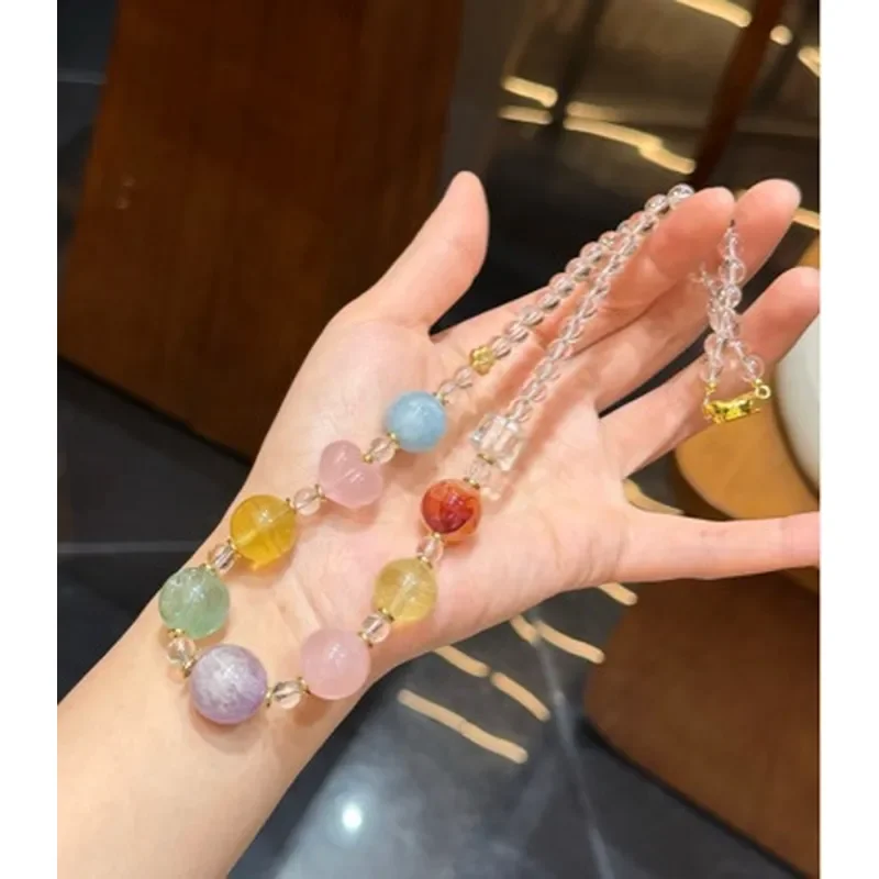 Summer Duobao Necklace Large Granular Aquamarine Treasure, Powder Crystal Fart Peach Green Fluorite, Lavender Purple Rabbit