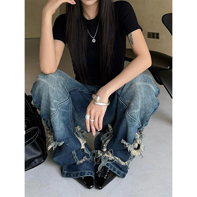MEXZT Y2K 2000S Dziurawe Jeansy Damskie Vintage Streetwear Frędzle Szerokie Nogawki Denimowe Spodnie Grunge Gothic Harajuku Luźne Proste Spodnie