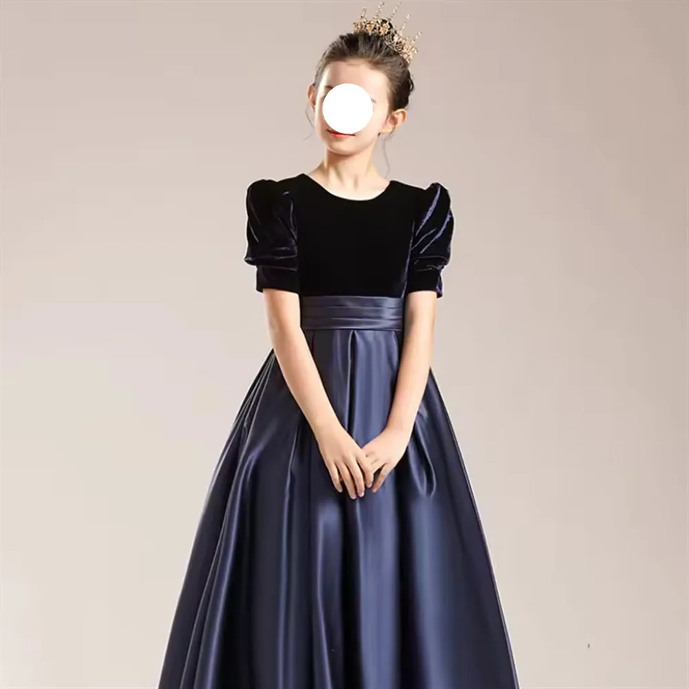 Robe élégante pour demoiselle d'honneur, en velours et satin, avec ceinture, pour enfants, robe de princesse pour fête d'anniversaire, robe de communion, personnalisée