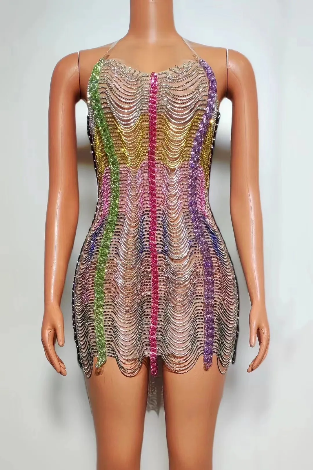 Colorful Drill Chain Fringed Dress Women Singer Party Jazz Dance Rave Outfit Gogo Costumes Stage Performance Clubwear