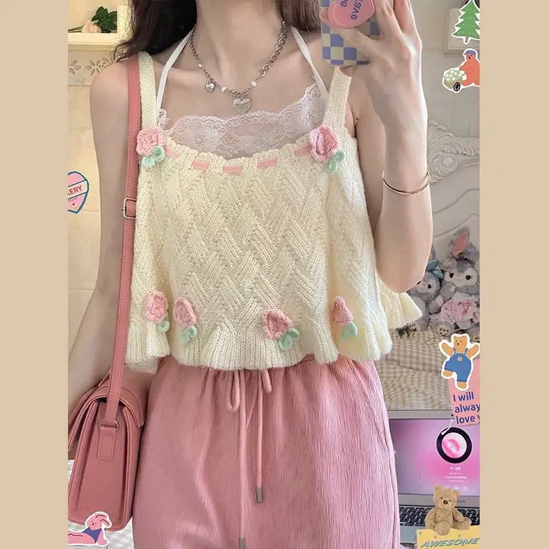 

New Japanese Kawaii Chic Tank Top Women Sweet Flower Embroidery Cute Knitted Tanks Lady Preppy Style Casual Sweater Vest Summer