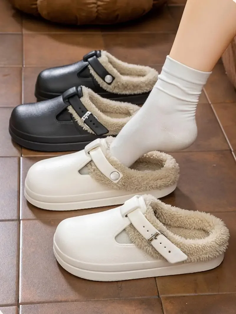 Lässige Plüsch-Hausschuhe mit Metallschnalle für Damen, Winter 2026, weiche, dicke Sohle, wasserdichte EVA-Hausschuhe, pelzige Clogs für Damen – Detail 2