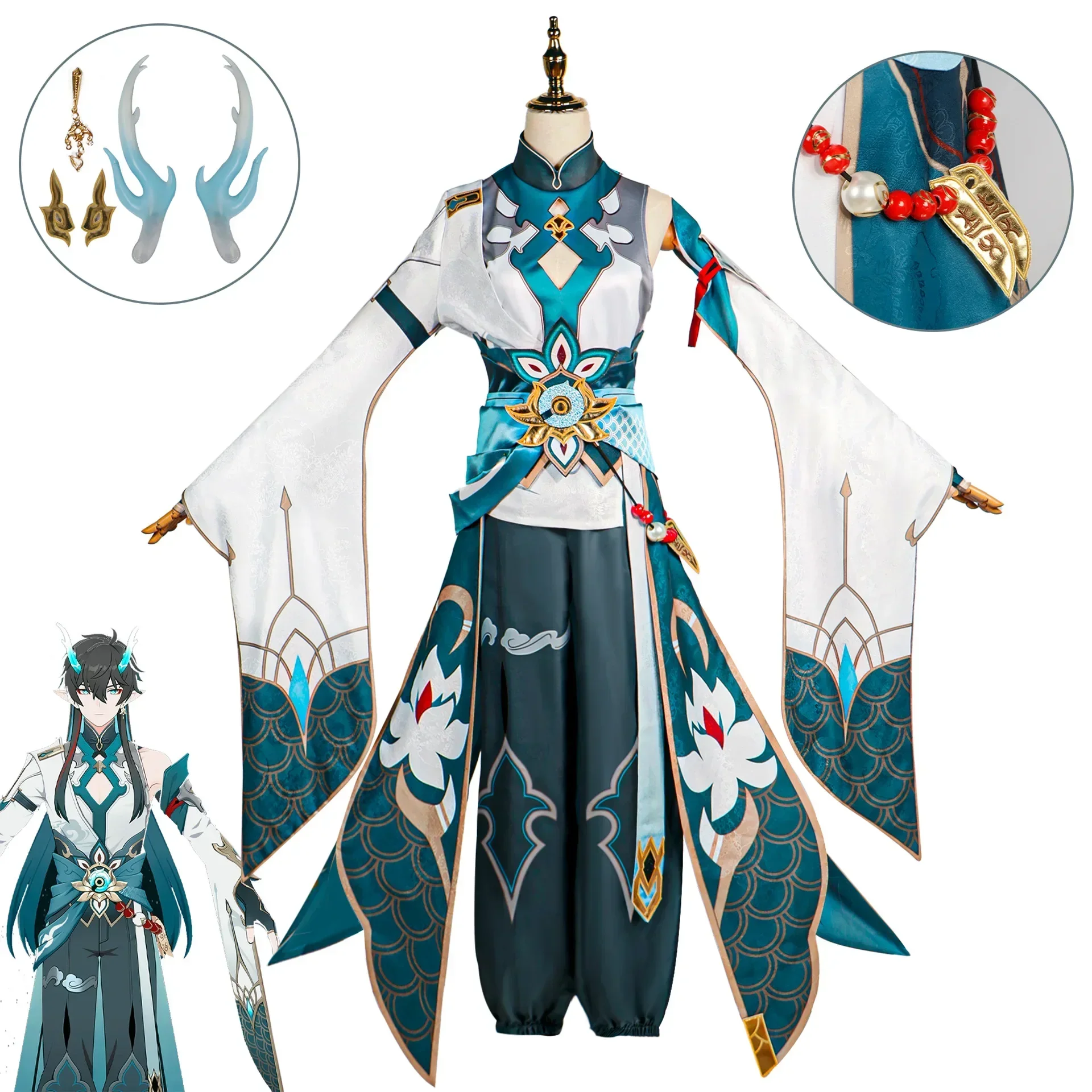 Costume de Cosplay 5 Étoiles de Dan Heng Imbibitor Lunae, Uniforme de Rail d'Étoile de Honkai, Perruque, Boucles d'Oreilles en Corne de Dragon Astral Express, ixpour Homme et Femme