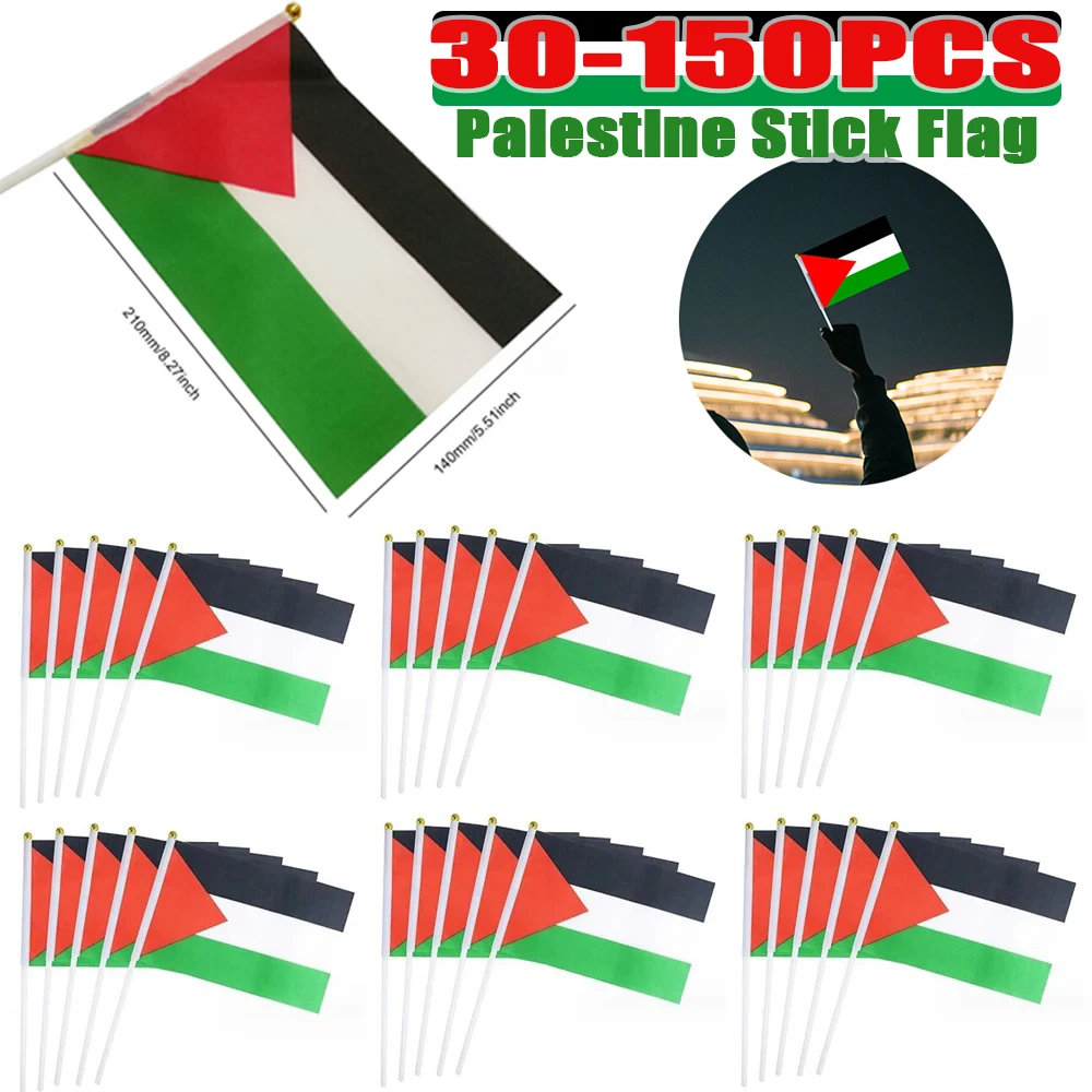 30-150Pcs Small Palestinian National Flag with Plastic Flagpole Palestine Hand Waving Flag Palestine Waving National Flag