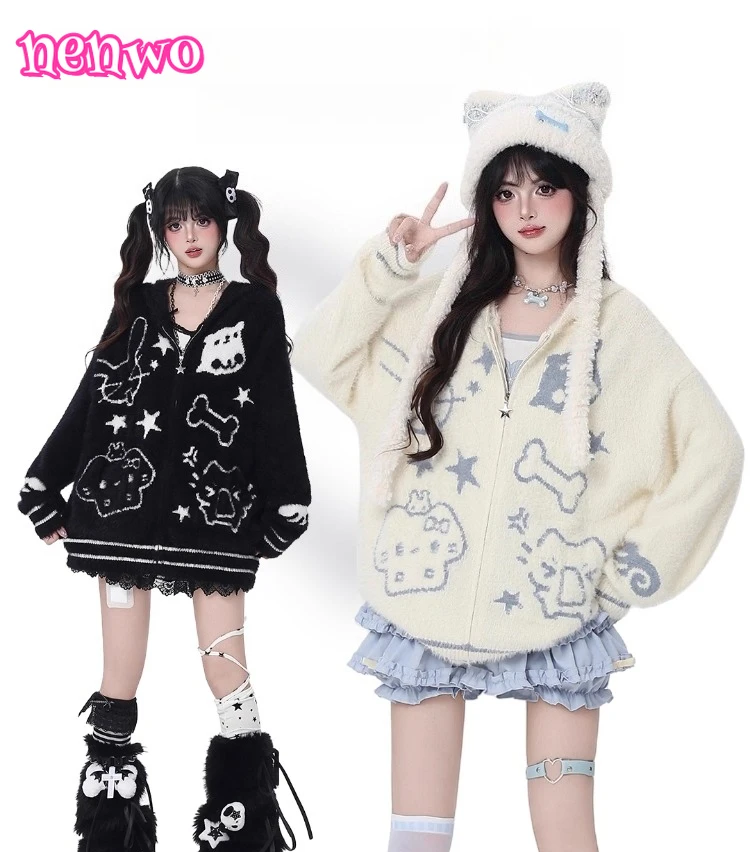 

Женский кардиган с капюшоном, вязаный топ с милыми мультяшными животными для сладкого и крутого свободного повседневного стиля