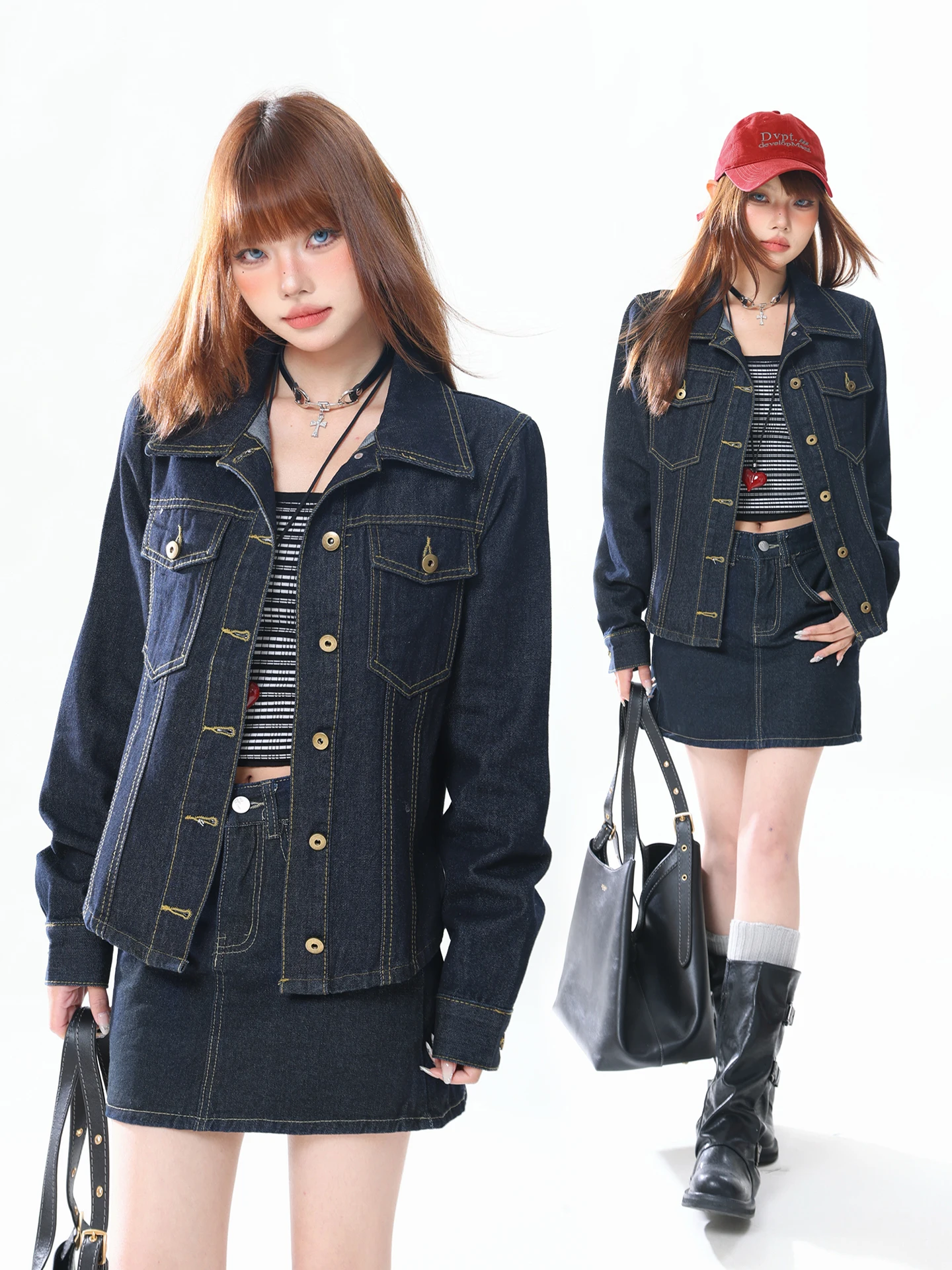 

Ретро-куртка из денима в американском стиле с деконструированным воротником-стойкой, приталенная, с открытыми плечами, для женщин, весенняя модная универсальная куртка