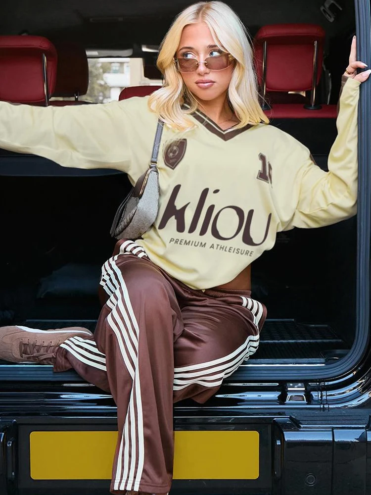 

Nibber Letter Print t-Shirt Women Color Blocking v-Neck Full Sleeve Elasticity Loose Hip-Hop Style Leisure Daily Street Tops