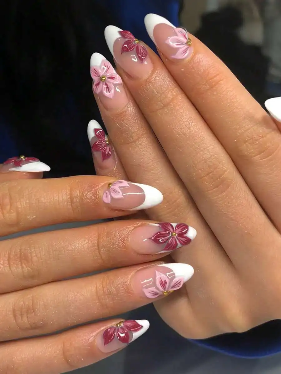 

24pcs Almond-Shaped 3D Red Flower White French Manicure Nail Stickers, Perfectly Fit Acrylic Fake Nails Set, Includes 1pc Jelly