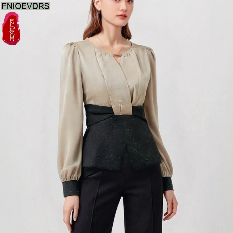 

Patchwork Bling Tops Blouses New French Design Women 2025 Autumn Long Sleeve Solid Hollow Out Eegant Office Lady Basic Shirts