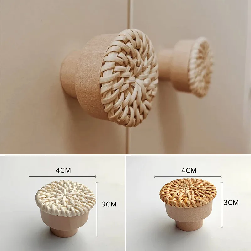 Wooden Handles Round Beech Rattan Dresser Pulls Knobs Drawer Wardrobe Furniture Handle New Woven Cupboard Door Handle Hardware