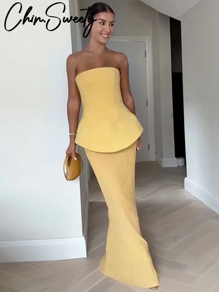 Elegante halter topo define feminino sólido sem mangas colheita superior cintura alta dividir senhora saia longa 2025 primavera verão festa à noite outfit